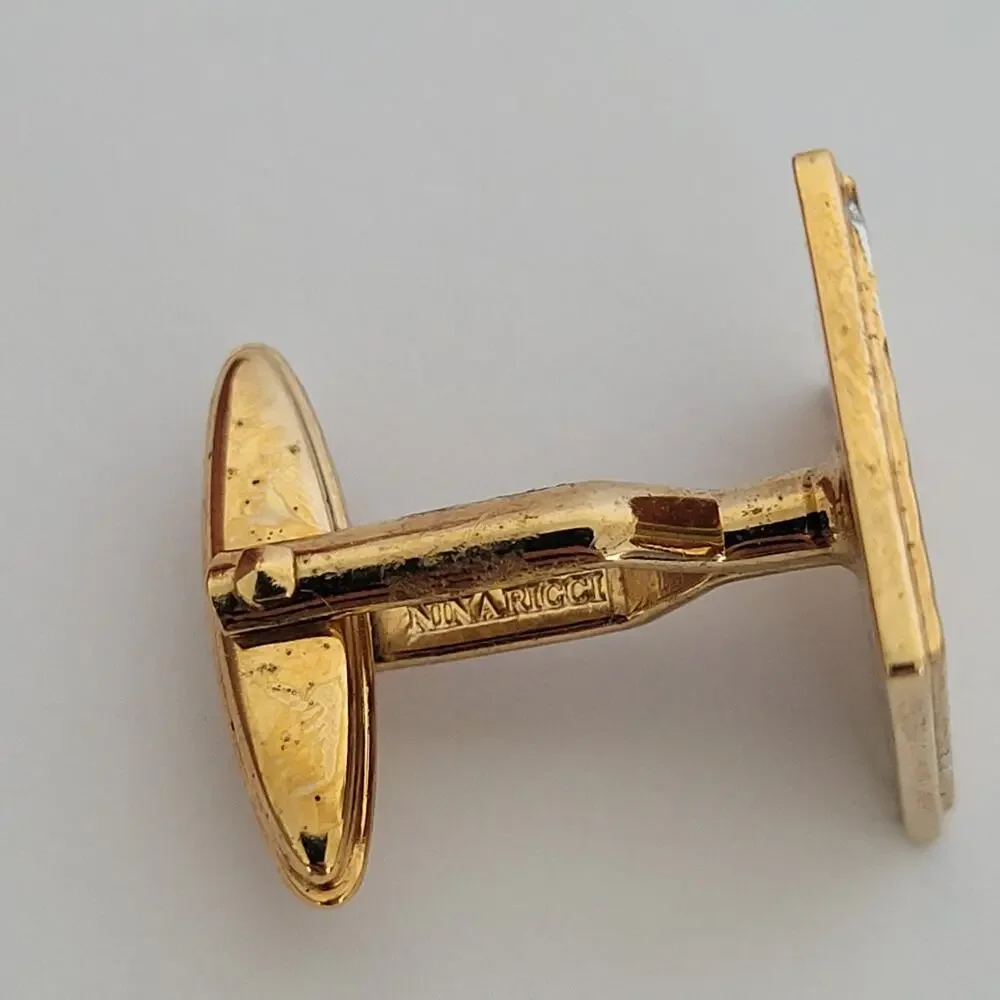 Nina Ricci French Tie Bar Clip Cufflinks Set Gold Silver Tone Logo Two Tone Box